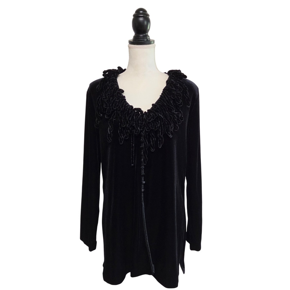 80s Retro Goth Black Velvet Ruffle Fringe Collar Faux Button Front Tunic Size 14